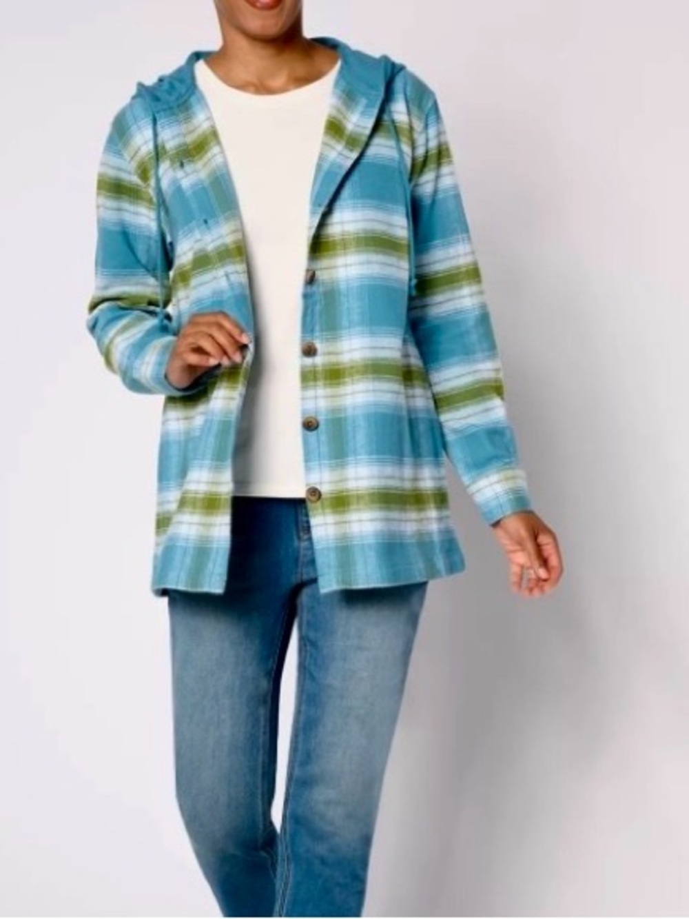 New Belle by Kim Gravel Blue Plaid Button Front Hooded Womens Shacket XL